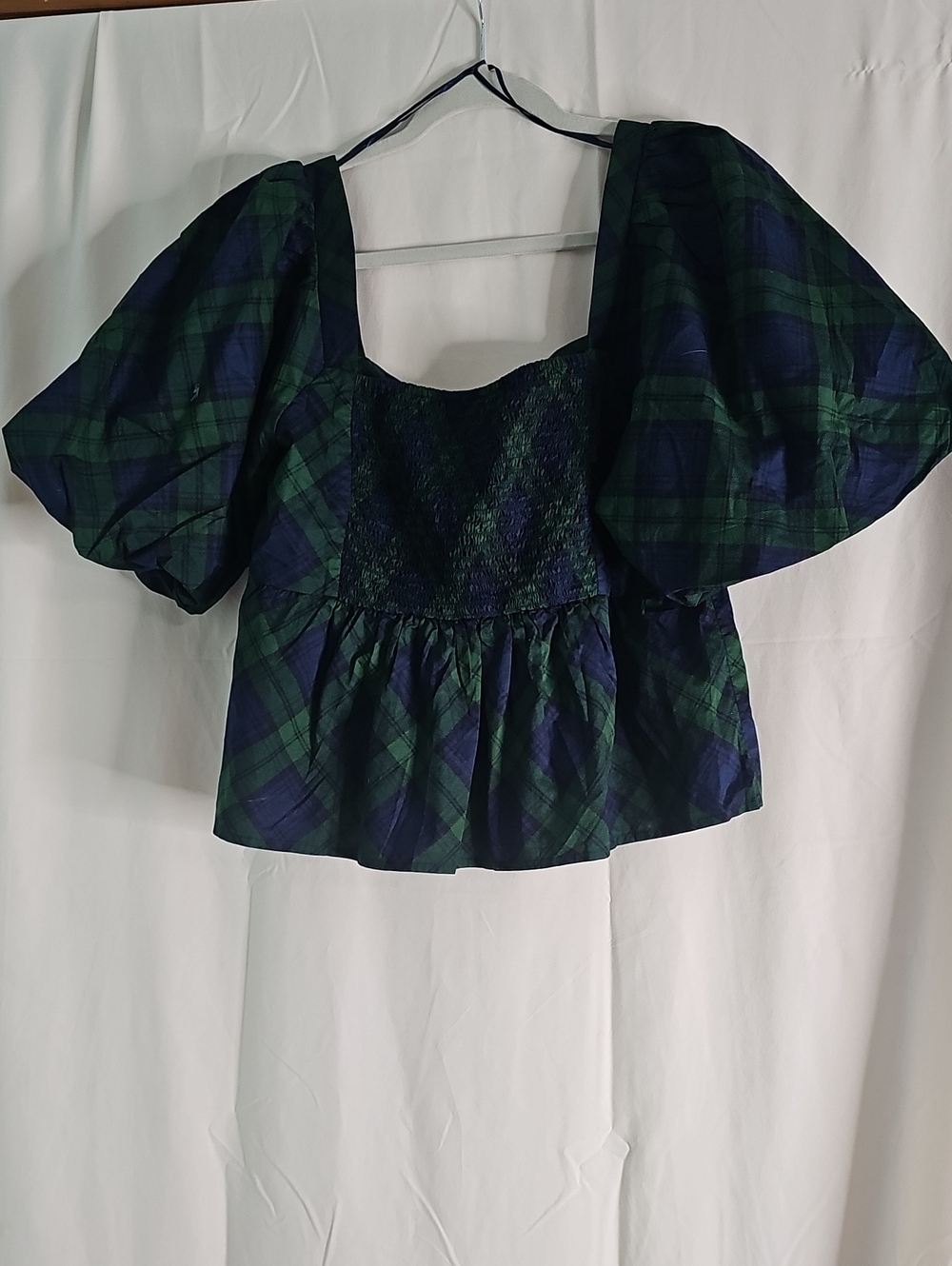 Old Navy Green & Navy Plaid Puff-Sleeve Square-Neck Top - Picture 4 of 7